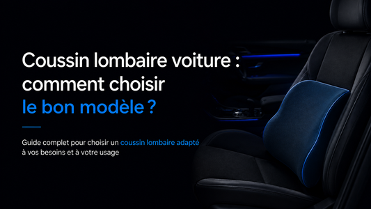 Guide pour choisir un coussin lombaire voiture adapté à son siège, avec illustration sobre d’un intérieur automobile noir et bleu