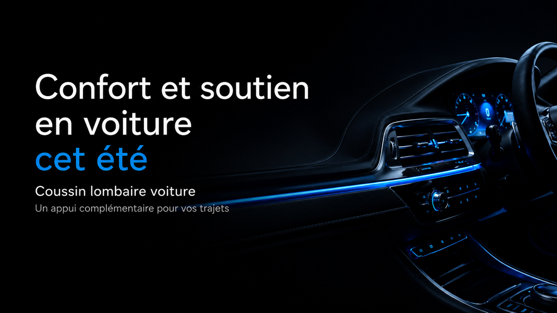 Visuel Drive Aroma sur le confort en voiture cet été avec intérieur automobile noir et bleu, pour illustrer un article sur le coussin lombaire voiture.