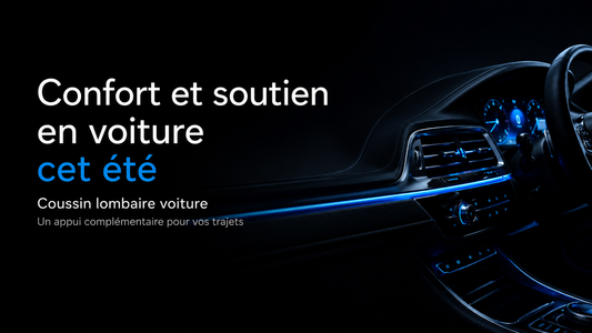 Visuel Drive Aroma sur le confort en voiture cet été avec intérieur automobile noir et bleu, pour illustrer un article sur le coussin lombaire voiture.