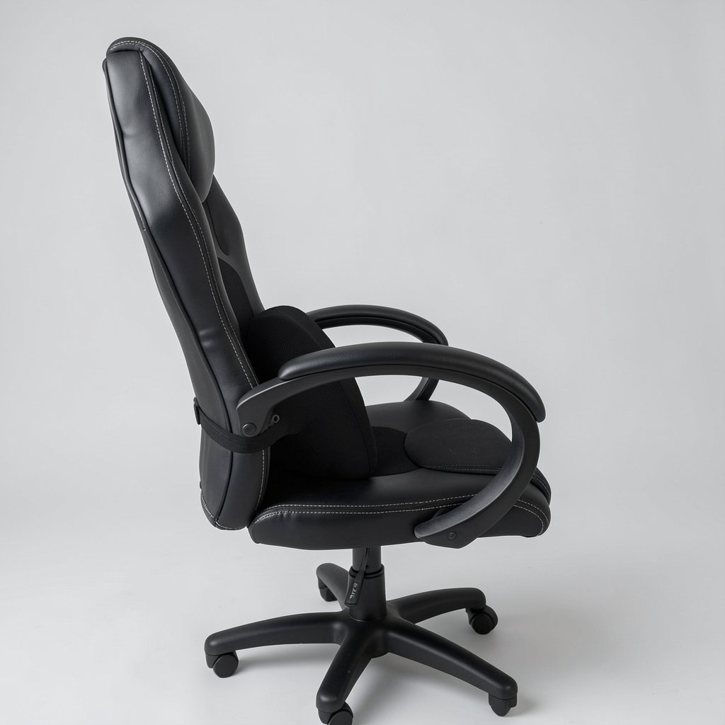 Coussin lombaire noir fixé sur une chaise de bureau avec sangle arrière pour appui du bas du dos en position assise